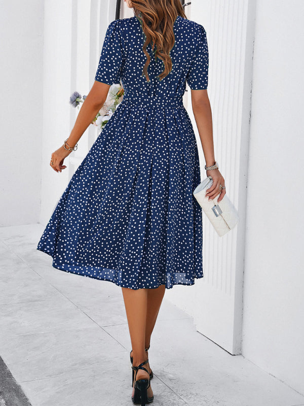 Knee-Length Dresses- Dressy Polka Dot A-Line Belted Tea Dress- - IndioGear Fashion and Gear