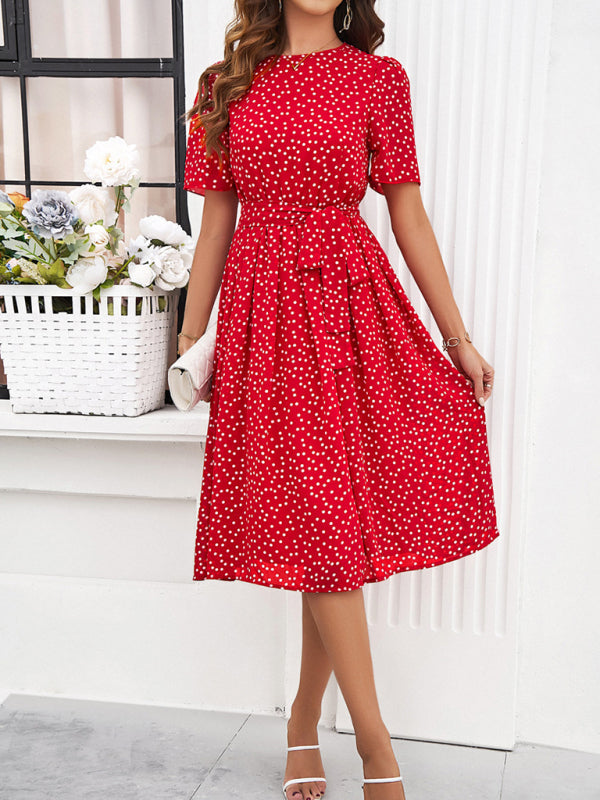 Knee-Length Dresses- Dressy Polka Dot A-Line Belted Tea Dress- - IndioGear Fashion and Gear