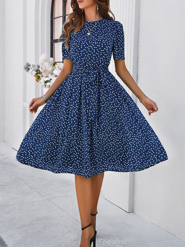 Knee-Length Dresses- Dressy Polka Dot A-Line Belted Tea Dress- - IndioGear Fashion and Gear