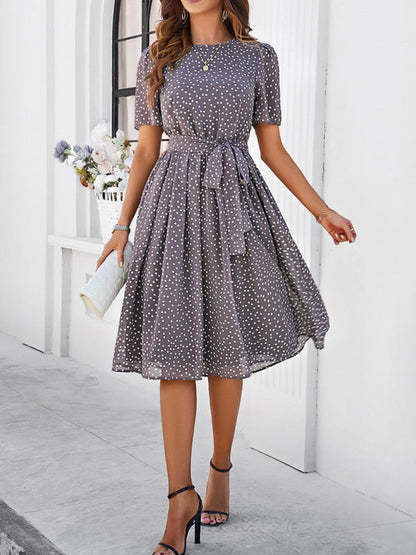 Knee-Length Dresses- Dressy Polka Dot A-Line Belted Tea Dress- Coffee- IndioGear Fashion and Gear