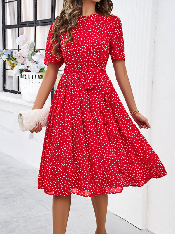 Knee-Length Dresses- Dressy Polka Dot A-Line Belted Tea Dress- - IndioGear Fashion and Gear