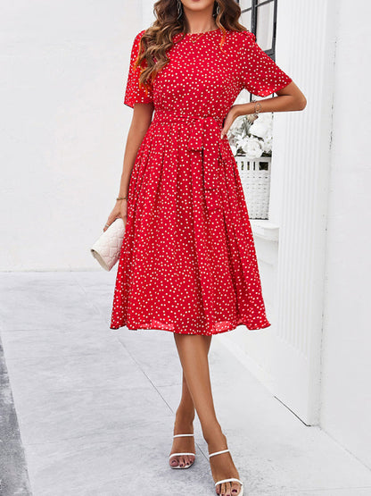 Knee-Length Dresses- Dressy Polka Dot A-Line Belted Tea Dress- - IndioGear Fashion and Gear