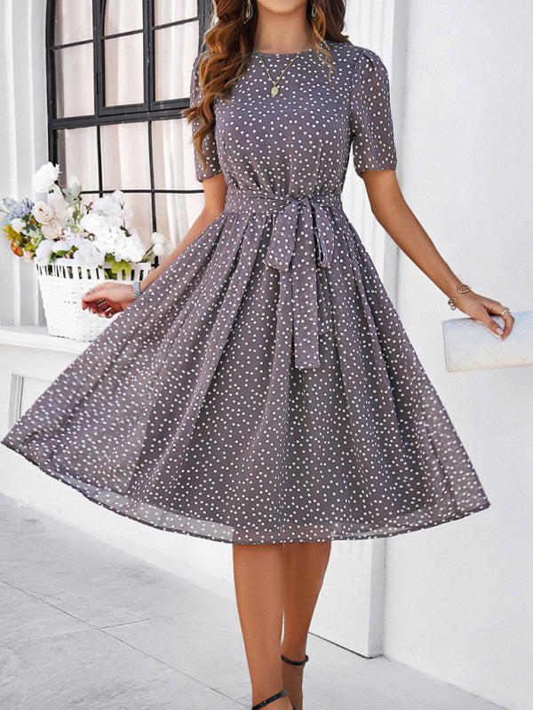 Knee-Length Dresses- Dressy Polka Dot A-Line Belted Tea Dress- - IndioGear Fashion and Gear