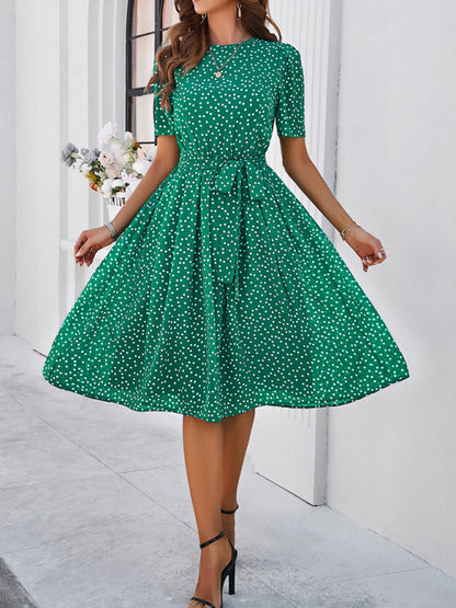 Knee-Length Dresses- Dressy Polka Dot A-Line Belted Tea Dress- Green- IndioGear Fashion and Gear