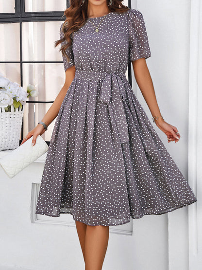 Knee-Length Dresses- Dressy Polka Dot A-Line Belted Tea Dress- - IndioGear Fashion and Gear