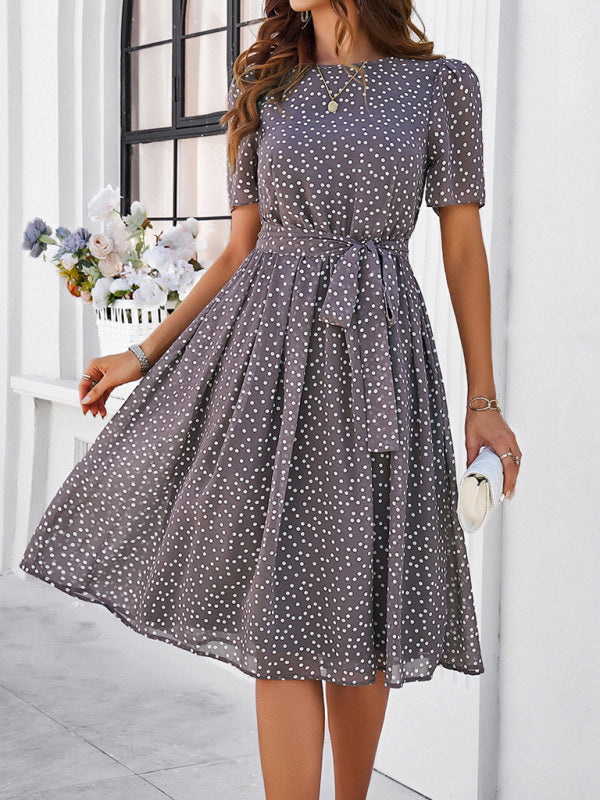 Knee-Length Dresses- Dressy Polka Dot A-Line Belted Tea Dress- - IndioGear Fashion and Gear