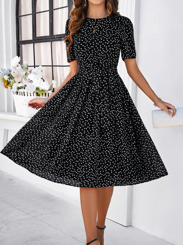 Knee-Length Dresses- Dressy Polka Dot A-Line Belted Tea Dress- Black- IndioGear Fashion and Gear