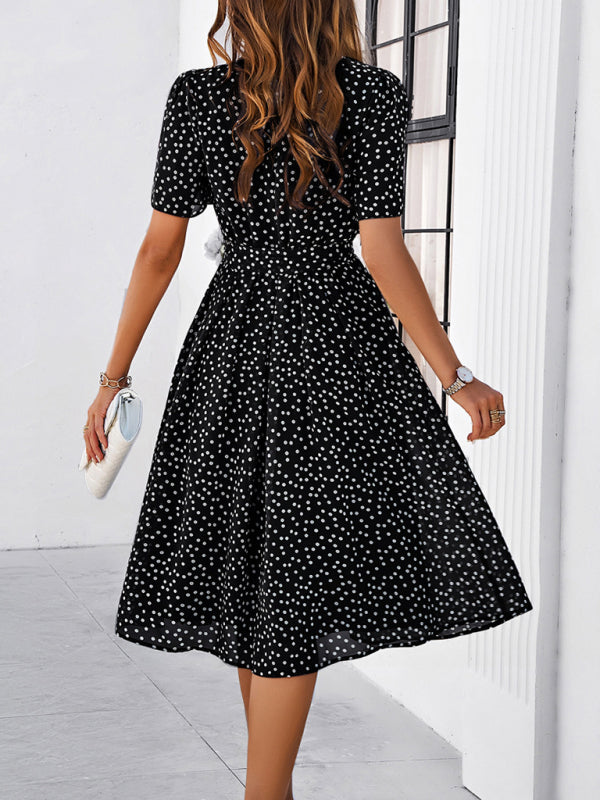 Knee-Length Dresses- Dressy Polka Dot A-Line Belted Tea Dress- - IndioGear Fashion and Gear