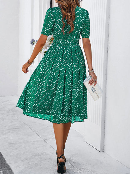 Knee-Length Dresses- Dressy Polka Dot A-Line Belted Tea Dress- - IndioGear Fashion and Gear