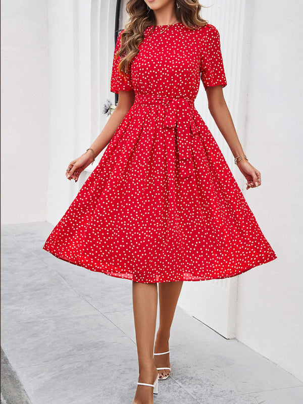 Knee-Length Dresses- Dressy Polka Dot A-Line Belted Tea Dress- Wine Red- IndioGear Fashion and Gear