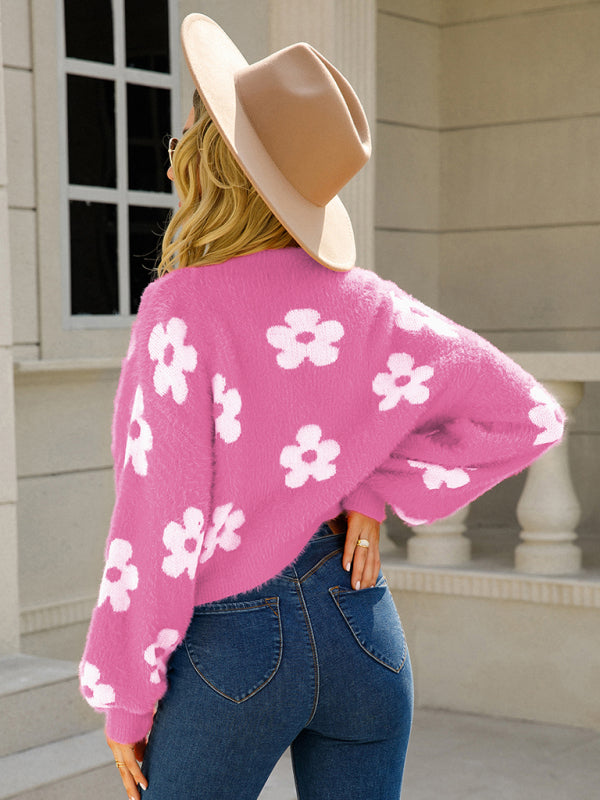 Knit Cardigans-Flower Knit Open Front Cardigan | Floral Fuzzy Sweater-Pekosa Women Clothing