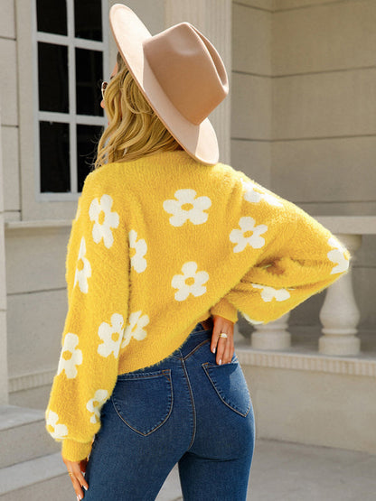 Knit Cardigans-Flower Knit Open Front Cardigan | Floral Fuzzy Sweater-Pekosa Women Clothing