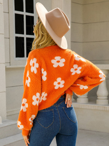 Knit Cardigans-Flower Knit Open Front Cardigan | Floral Fuzzy Sweater-Pekosa Women Clothing