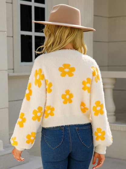 Knit Cardigans-Flower Knit Open Front Cardigan | Floral Fuzzy Sweater-Pekosa Women Clothing