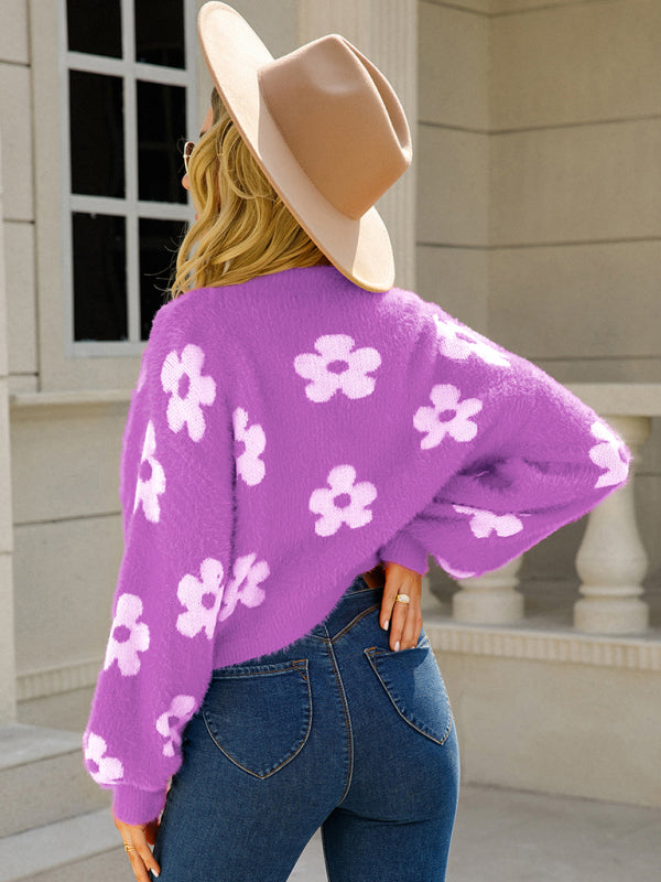 Knit Cardigans-Flower Knit Open Front Cardigan | Floral Fuzzy Sweater-Pekosa Women Clothing