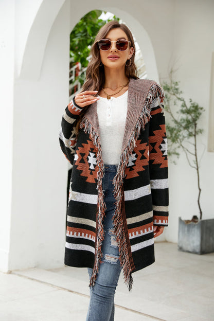 Knit Coats- Aztec Knit Western Fringe Shawl Collar Coat- Black- IndioGear Clothing and Gear