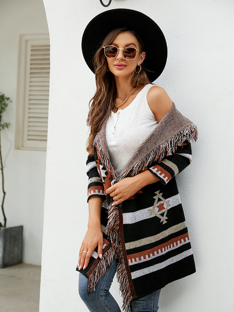 Knit Coats- Aztec Knit Western Fringe Shawl Collar Coat- - IndioGear Clothing and Gear