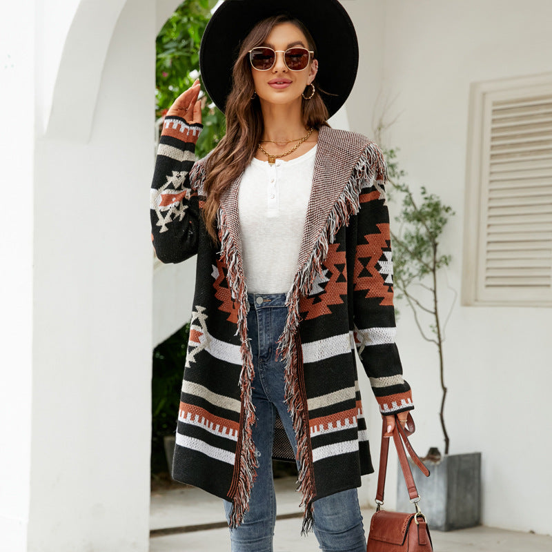 Knit Coats- Aztec Knit Western Fringe Shawl Collar Coat- - IndioGear Clothing and Gear