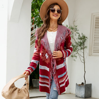 Knit Coats- Aztec Knit Western Fringe Shawl Collar Coat- - IndioGear Clothing and Gear