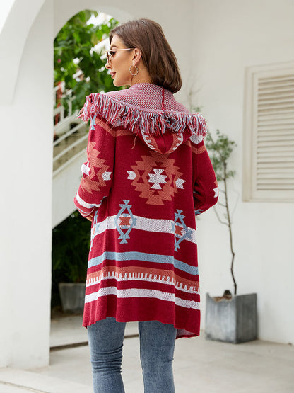 Knit Coats- Aztec Knit Western Fringe Shawl Collar Coat- - IndioGear Clothing and Gear