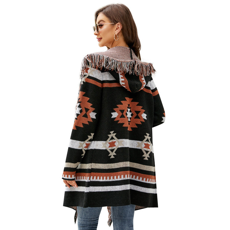 Knit Coats- Aztec Knit Western Fringe Shawl Collar Coat- - IndioGear Clothing and Gear