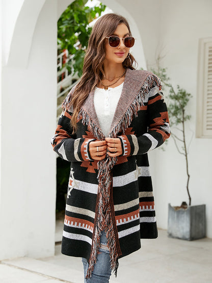 Knit Coats- Aztec Knit Western Fringe Shawl Collar Coat- - IndioGear Clothing and Gear