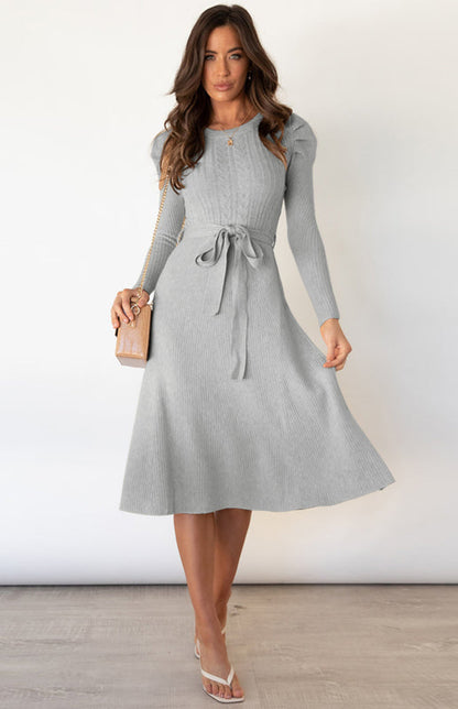 Knit Dresses- Dress-Up Long Puff Sleeve Sweater Dress: A-Line, Cable Knit Design- Neutral grey- Pekosa Women Clothing