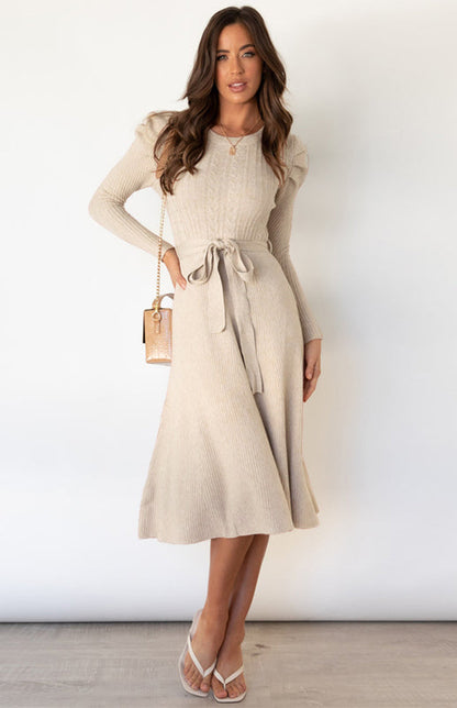 Knit Dresses- Dress-Up Long Puff Sleeve Sweater Dress: A-Line, Cable Knit Design- Cream- Pekosa Women Clothing