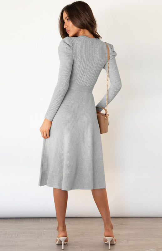 Knit Dresses- Dress-Up Long Puff Sleeve Sweater Dress: A-Line, Cable Knit Design- - Pekosa Women Clothing