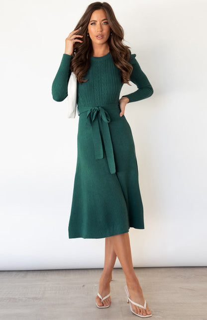 Knit Dresses- Dress-Up Long Puff Sleeve Sweater Dress: A-Line, Cable Knit Design- Dark green- Pekosa Women Clothing