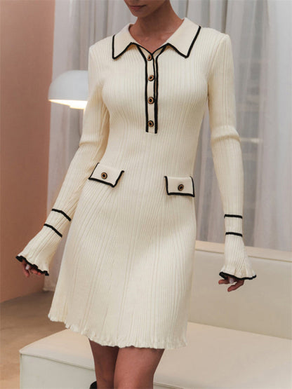 Knit Sheath Flapper Mini Dress with Long Sleeves & Contrast Trim Collar