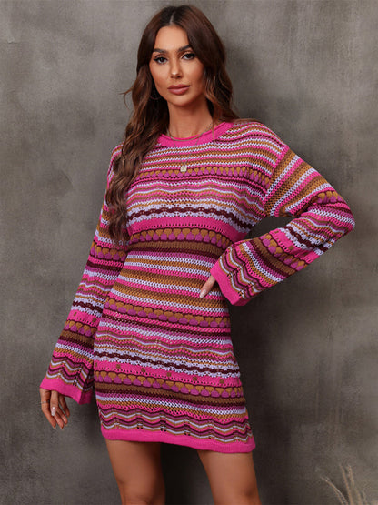 Long Sleeve Geo Knit Lightweight Sweater Dress