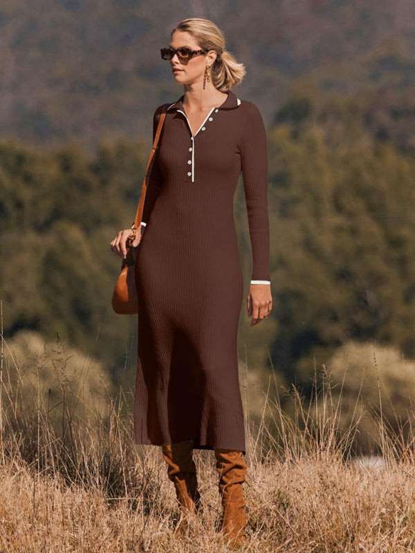 Long Sleeve Sheath Midi Dress with Knit Contrast Trim Collar