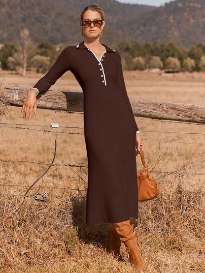 Long Sleeve Sheath Midi Dress with Knit Contrast Trim Collar