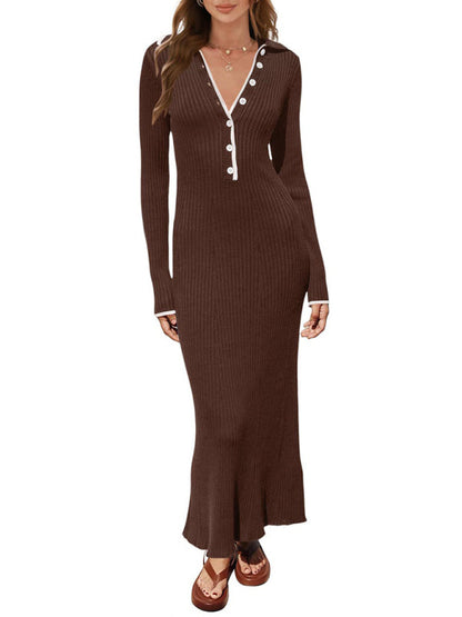 Long Sleeve Sheath Midi Dress with Knit Contrast Trim Collar