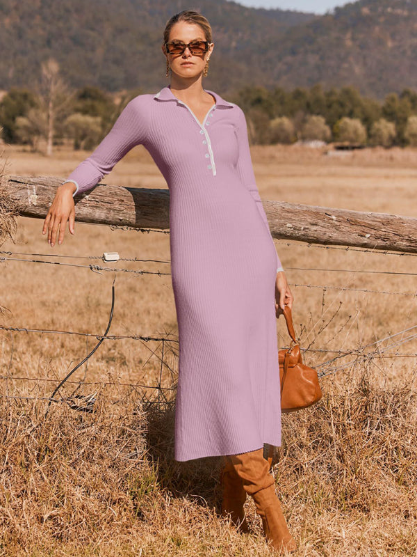 Long Sleeve Sheath Midi Dress with Knit Contrast Trim Collar