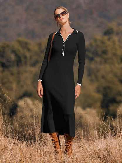 Long Sleeve Sheath Midi Dress with Knit Contrast Trim Collar