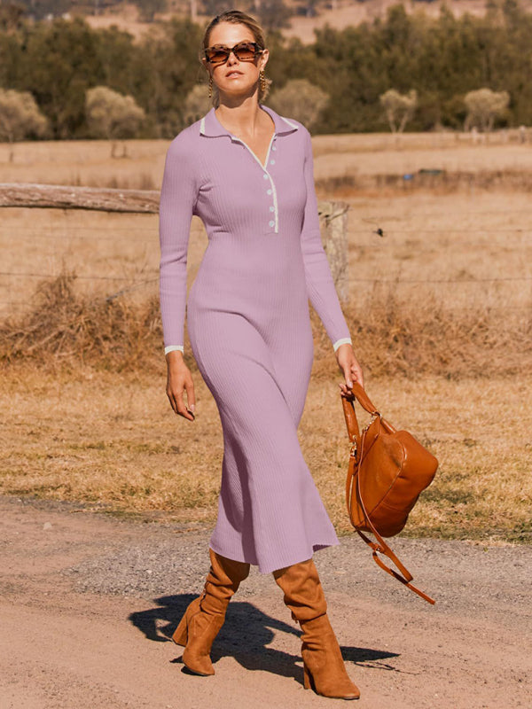 Long Sleeve Sheath Midi Dress with Knit Contrast Trim Collar