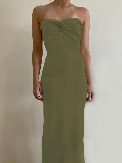 Knit Dresses- Mermaid Look with Strapless Tube Knit Maxi Dress- Olive green- IndioGear Clothing and Gear