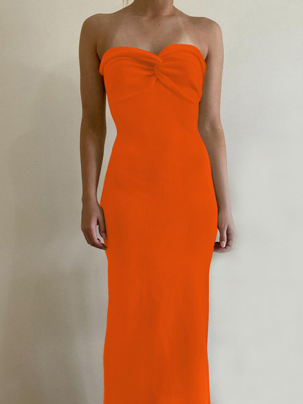 Knit Dresses- Mermaid Look with Strapless Tube Knit Maxi Dress- Orange- IndioGear Clothing and Gear