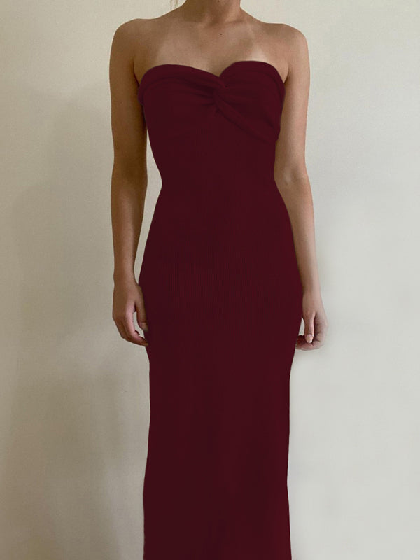 Knit Dresses- Mermaid Look with Strapless Tube Knit Maxi Dress- Wine Red- IndioGear Clothing and Gear