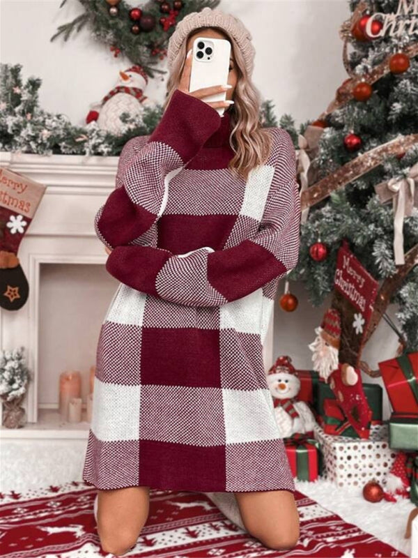 Knit Dresses- Plaid Knit Turtleneck Sweater Dress for Winter Days- - IndioGear Clothing and Gear