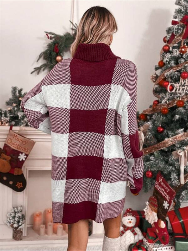 Knit Dresses- Plaid Knit Turtleneck Sweater Dress for Winter Days- - IndioGear Clothing and Gear