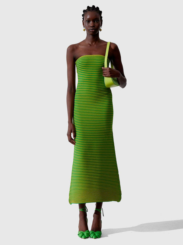 Knit Dresses- Stripe Knitted Tube Semi Mermaid Maxi Dress- Green- IndioGear Clothing and Gear