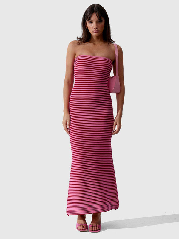 Knit Dresses- Stripe Knitted Tube Semi Mermaid Maxi Dress- Rose- IndioGear Clothing and Gear