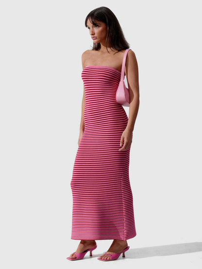 Knit Dresses- Stripe Knitted Tube Semi Mermaid Maxi Dress- - IndioGear Clothing and Gear