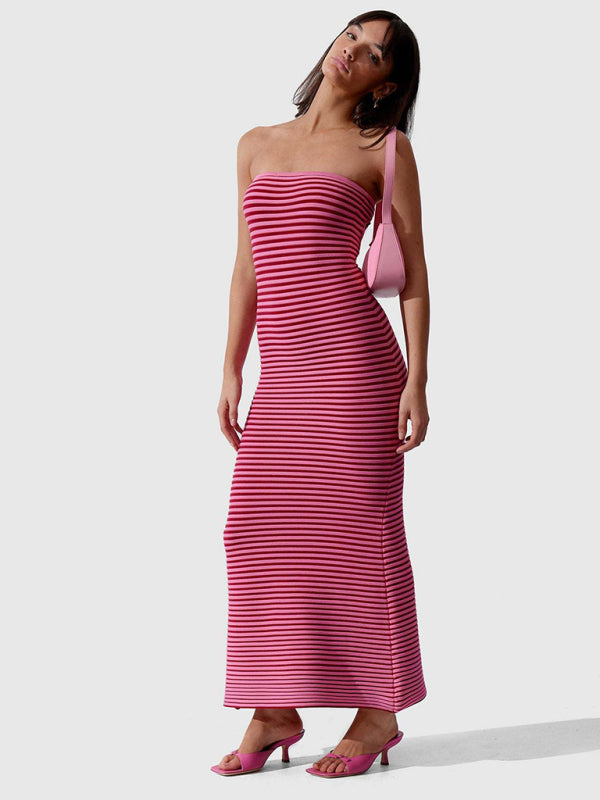 Knit Dresses- Stripe Knitted Tube Semi Mermaid Maxi Dress- - IndioGear Clothing and Gear