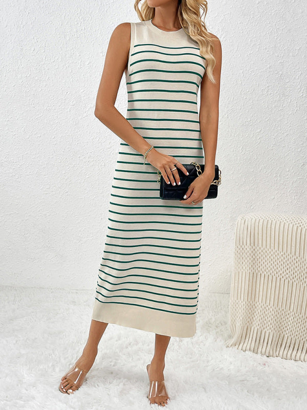 Knit Dresses- Summer Sleeveless Striped Knitted Midi Dress- - IndioGear Fashion and Gear