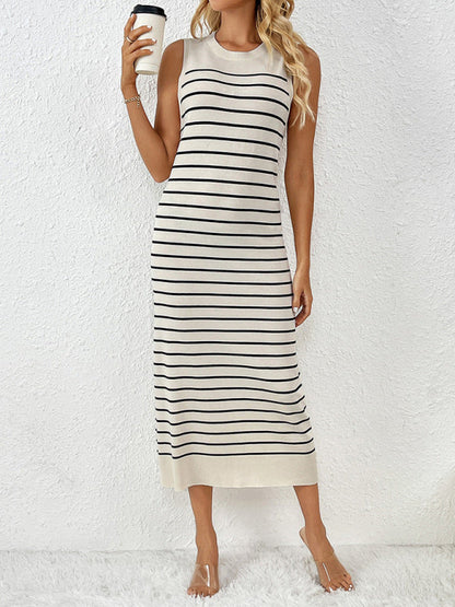 Knit Dresses- Summer Sleeveless Striped Knitted Midi Dress- - IndioGear Fashion and Gear