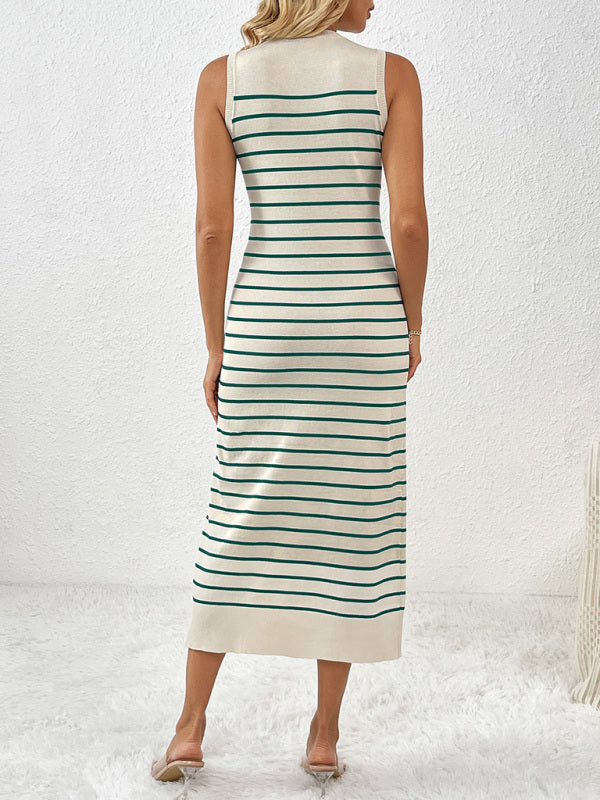 Knit Dresses- Summer Sleeveless Striped Knitted Midi Dress- - IndioGear Fashion and Gear